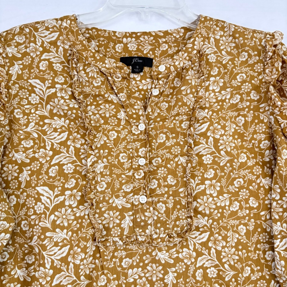 J.Crew Mustard Yellow Floral Ruffle Bib Corduroy Blouse Top Small - Picture 8 of 11